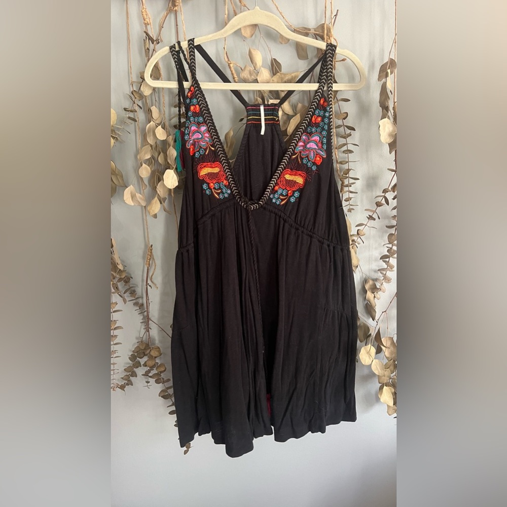 Free People Lovers Cove Black Embroidered Mini Dress Beachy BathingSuit Cover Up